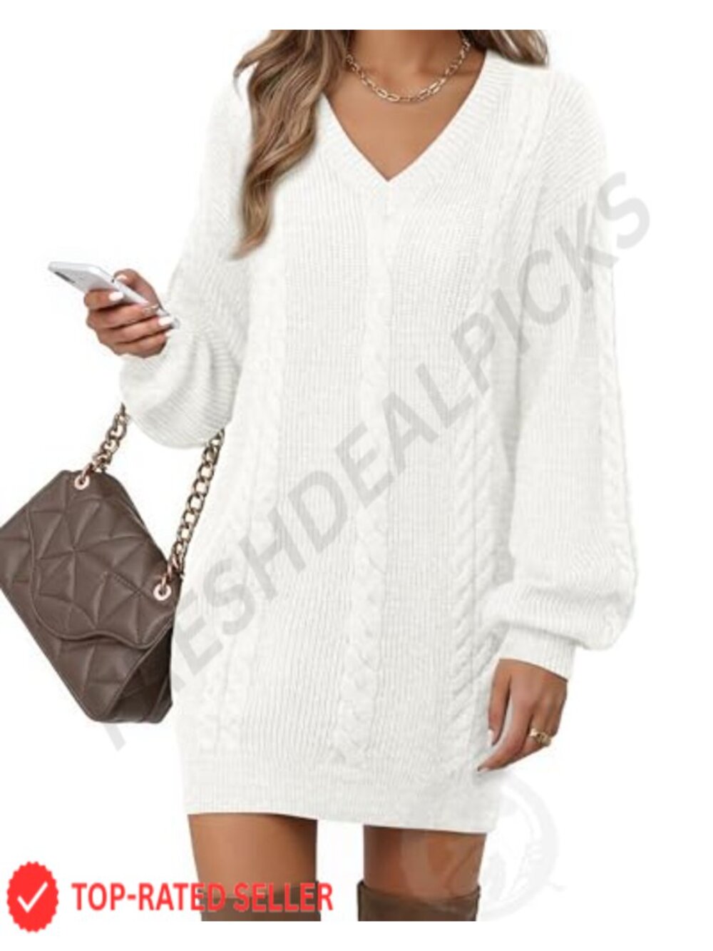 Women's V Neck Lantern Sleeve Knit Mini Sweater Dress